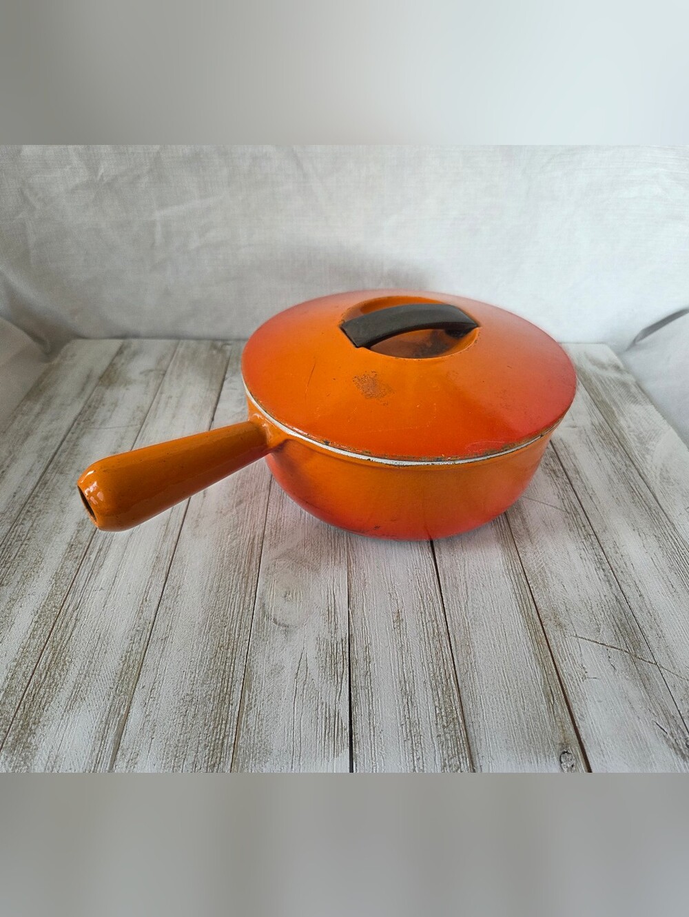 Vintage French Cousances No 20 Enamel Cast Iron Sauce Pan Orange